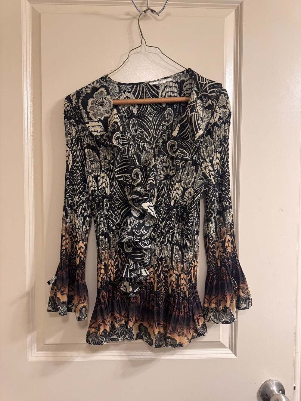 Heirloom Women's Ruffled Crinkle Romantic Blouse with Long Bell Sleeves